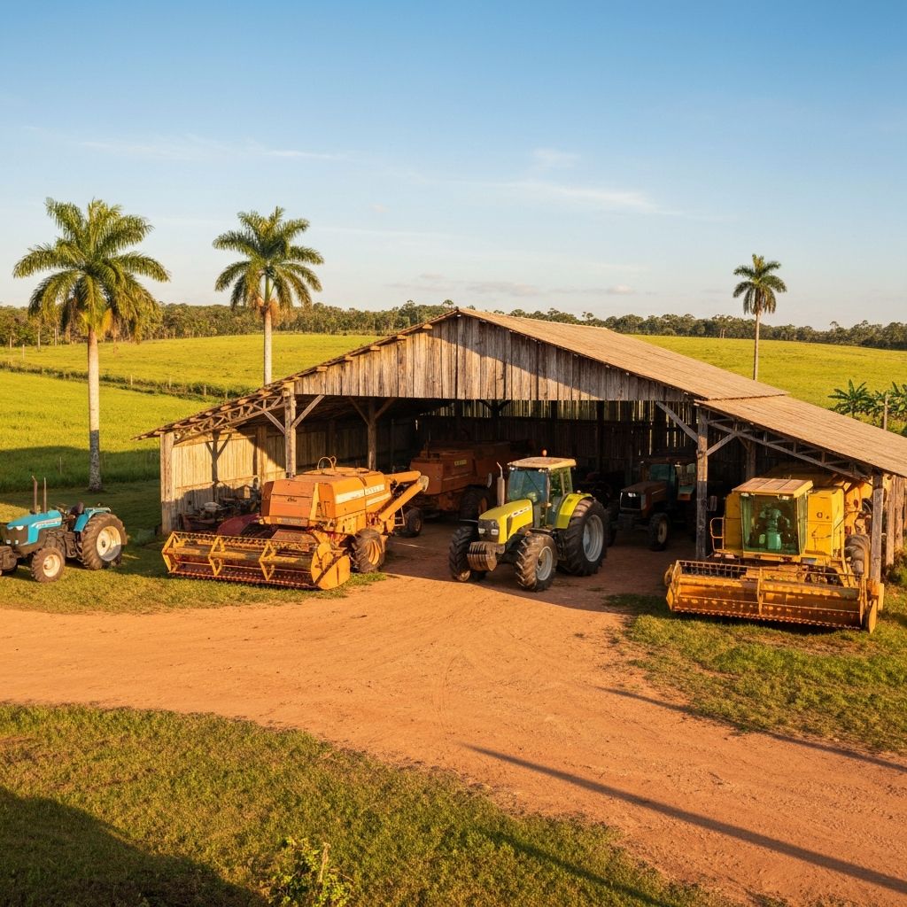 Galpão rural no Brasil com maquinário agrícola e ambiente ensolarado